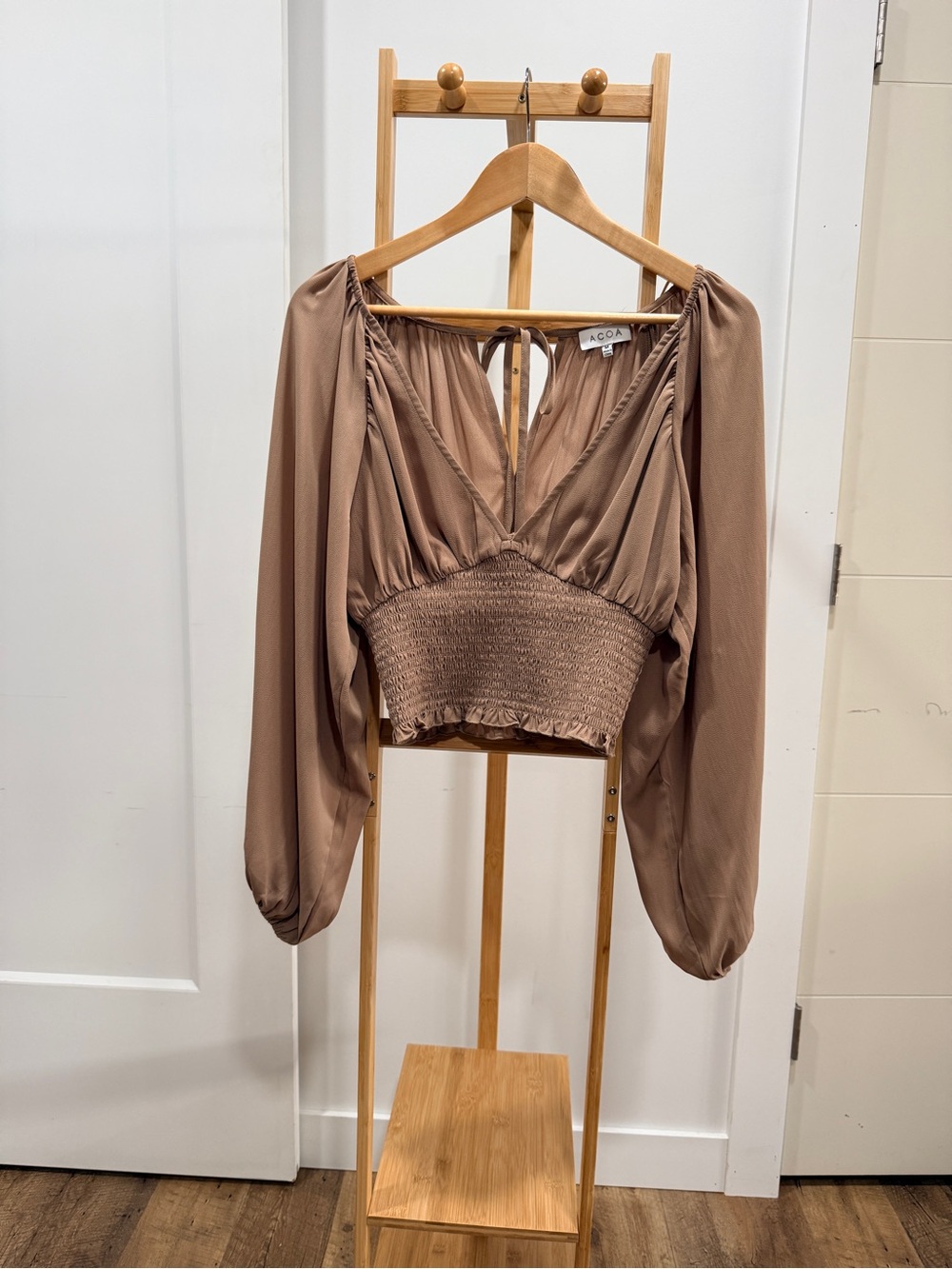 Taupe Smocked V-Neck Balloon Sleeve Crop Blouse